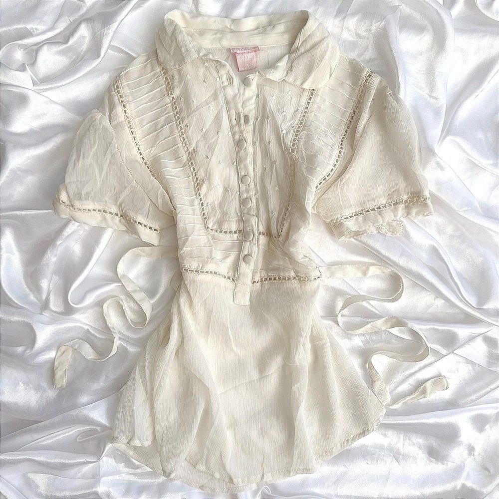 Vintage Cream Sheer Swiss Dot Blouse Crochet Lace Pintuck Waist Tie Top S